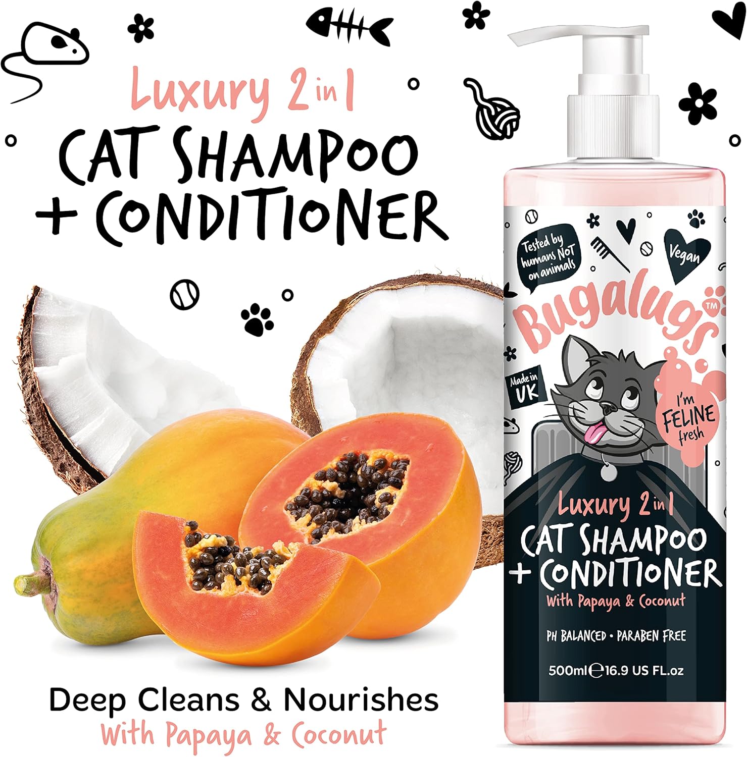 Bugalugs 2 in 1 Cat Shampoo & Conditioner. Cleansing, Nourishing and Conditioning for All Cat Hair. Papaya & Coconut Calming Scent. for All Cats and Kittens. Cat & Kitten Grooming (500Ml Shampoo)