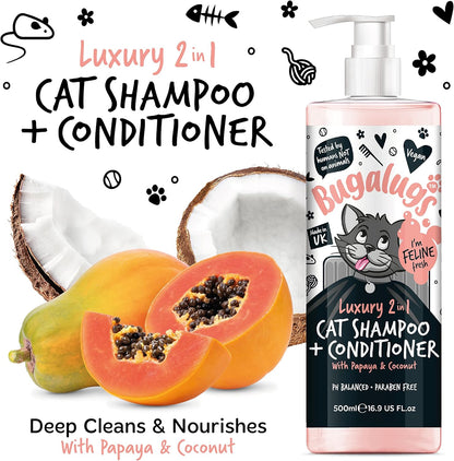 Bugalugs 2 in 1 Cat Shampoo & Conditioner. Cleansing, Nourishing and Conditioning for All Cat Hair. Papaya & Coconut Calming Scent. for All Cats and Kittens. Cat & Kitten Grooming (500Ml Shampoo)
