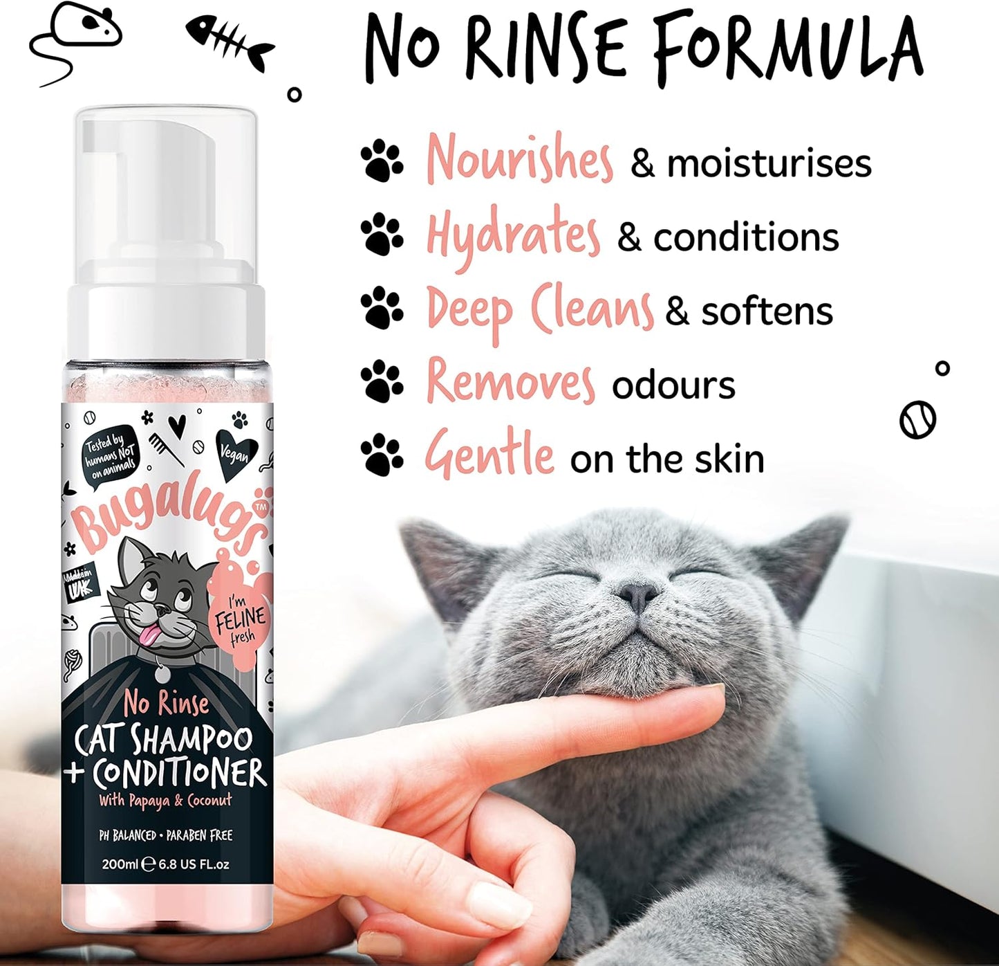 Bugalugs No Rinse Cat Shampoo & Conditioner with Papaya & Coconut. Brush Through, for Cats and Kittens. Foam Action Grooming Dry Shampoo Kitten (No Rinse Shampoo)