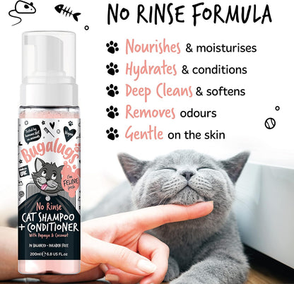 Bugalugs No Rinse Cat Shampoo & Conditioner with Papaya & Coconut. Brush Through, for Cats and Kittens. Foam Action Grooming Dry Shampoo Kitten (No Rinse Shampoo)