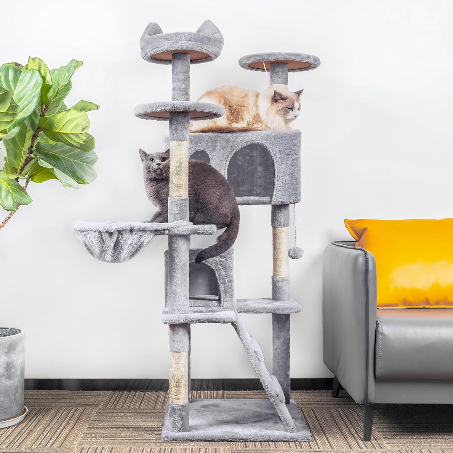 Cat Tree,151Cm Cat Tower for Indoor Kitty,Scratching Post Stable Activity Centre Climbing Tree with 2 Kitty Houses, Hammock, 4 Sisal Posts, Ladder, and Rest Place