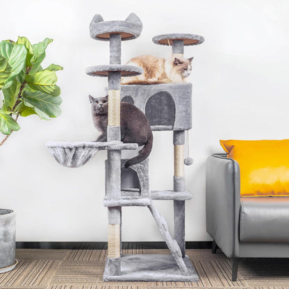 Cat Tree,151Cm Cat Tower for Indoor Kitty,Scratching Post Stable Activity Centre Climbing Tree with 2 Kitty Houses, Hammock, 4 Sisal Posts, Ladder, and Rest Place