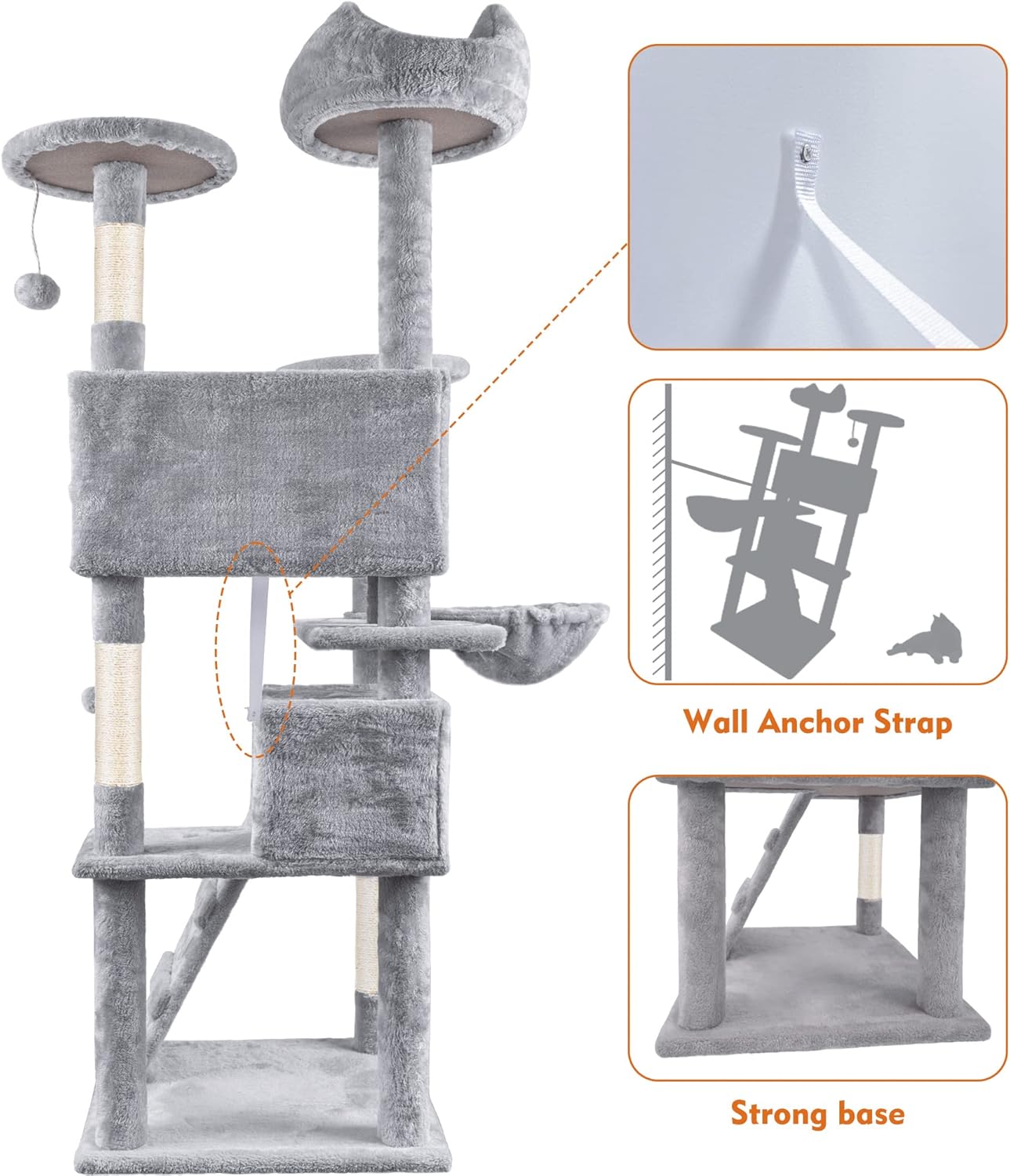 Cat Tree,151Cm Cat Tower for Indoor Kitty,Scratching Post Stable Activity Centre Climbing Tree with 2 Kitty Houses, Hammock, 4 Sisal Posts, Ladder, and Rest Place