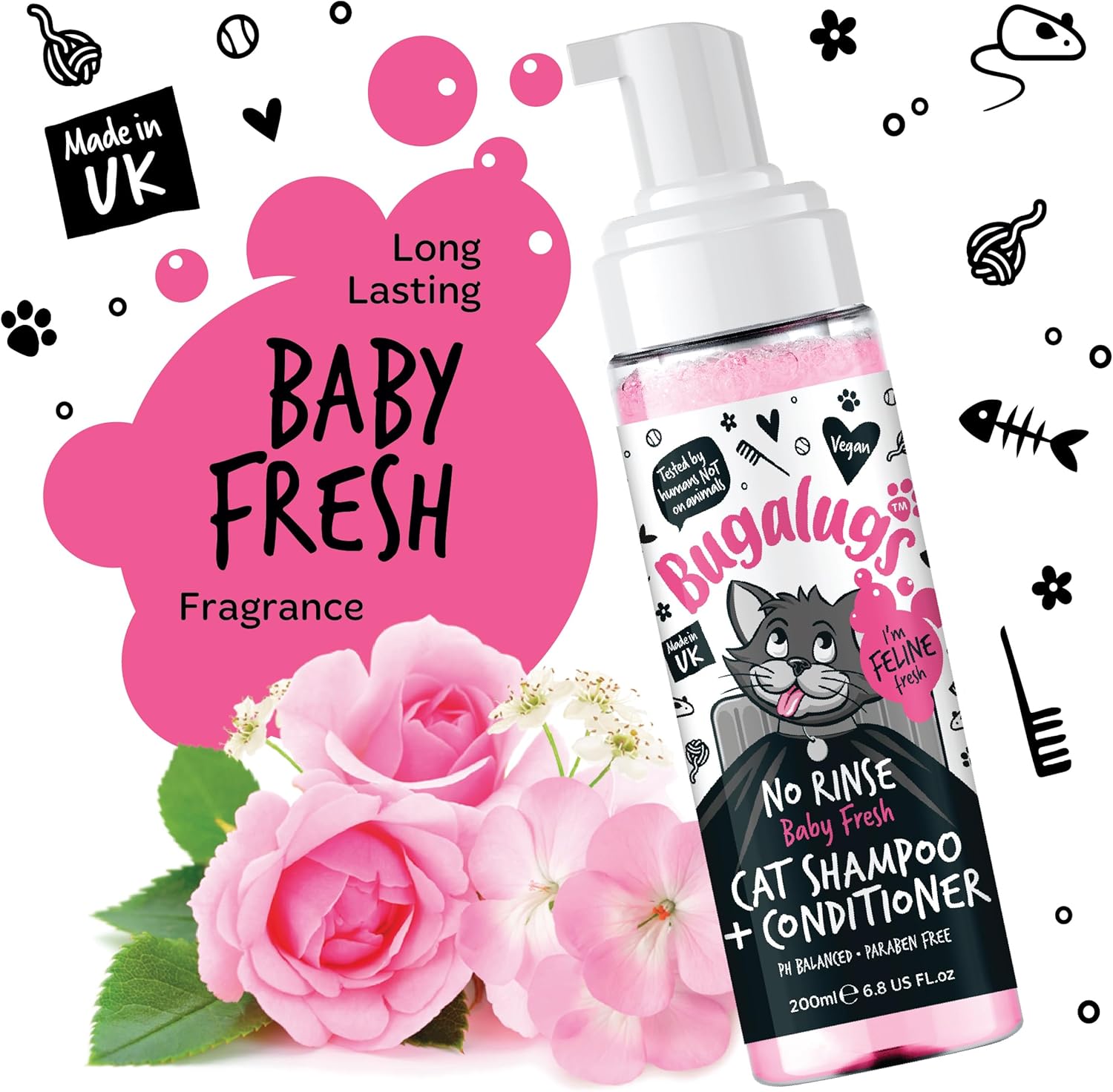 Bugalugs No Rinse Cat Shampoo & Conditioner with Baby Fresh Fragrance. Brush Through, for Cats and Kittens. Foam Action Grooming Dry Shampoo Kitten (200Ml No Rinse Shampoo)