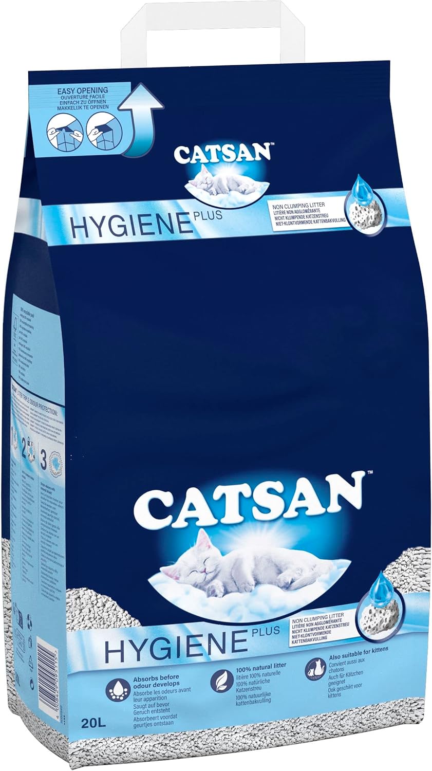 Catsan Hygiene plus Non-Clumping Adult Cat Litter and Kitten Litter - 20L - 100% Natural and Absorbent