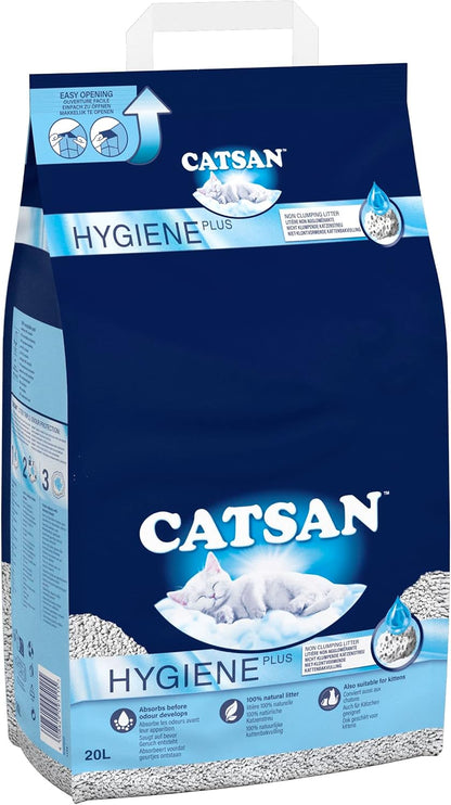 Catsan Hygiene plus Non-Clumping Adult Cat Litter and Kitten Litter - 20L - 100% Natural and Absorbent