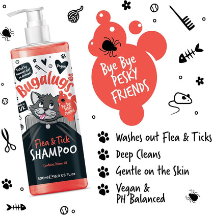 BUGALUGS Flea and Tick Cat Shampoo 500Ml, Deep Cleansing Shampoo for Cats for Fleas, Ticks & Mites Contains Neem Oil, PH Balanced Vegan, Pet Shampoo (500Ml Flea Shampoo)