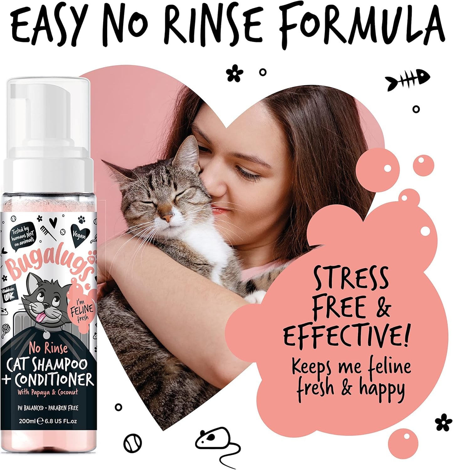 Bugalugs No Rinse Cat Shampoo & Conditioner with Papaya & Coconut. Brush Through, for Cats and Kittens. Foam Action Grooming Dry Shampoo Kitten (No Rinse Shampoo)