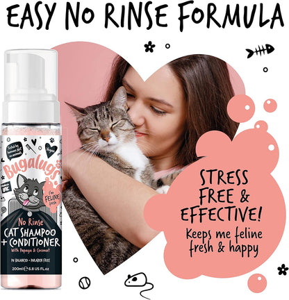 Bugalugs No Rinse Cat Shampoo & Conditioner with Papaya & Coconut. Brush Through, for Cats and Kittens. Foam Action Grooming Dry Shampoo Kitten (No Rinse Shampoo)