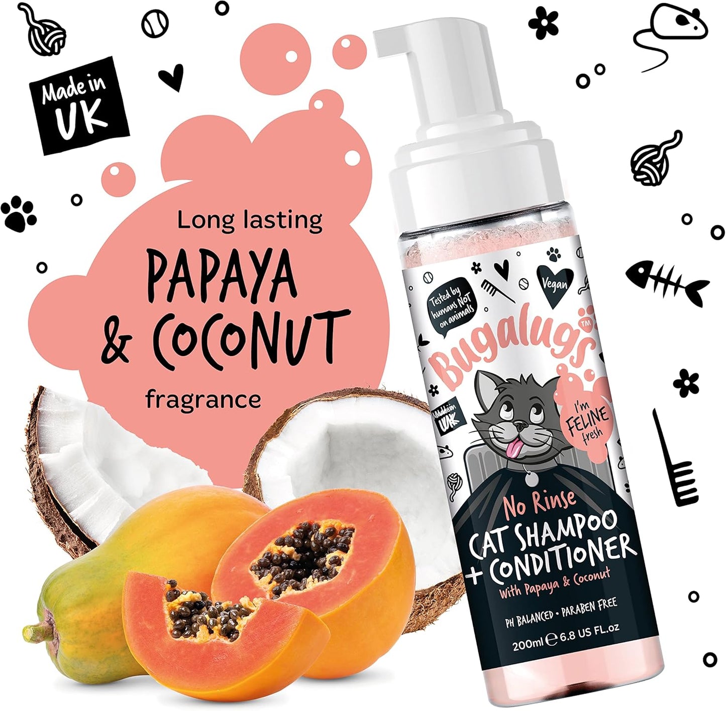 Bugalugs No Rinse Cat Shampoo & Conditioner with Papaya & Coconut. Brush Through, for Cats and Kittens. Foam Action Grooming Dry Shampoo Kitten (No Rinse Shampoo)