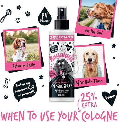 Bugalugs Dog Perfume Spray with Aloe Vera & Baby Powder Cologne Great Pet Odour Eliminator Deodorant Spray for Smelly Dogs Can Use as Dry Shampoo