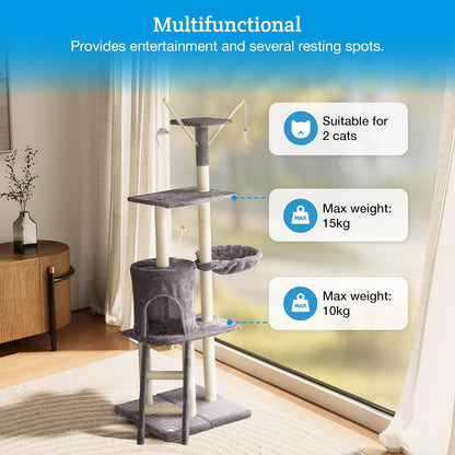 Cat Tree – 146Cm Play Cat Tower with Sisal Scratching Posts for Indoor Kittens, Multi Level House, Large Climbing Frame with House, Ladder and Hammock – Grey