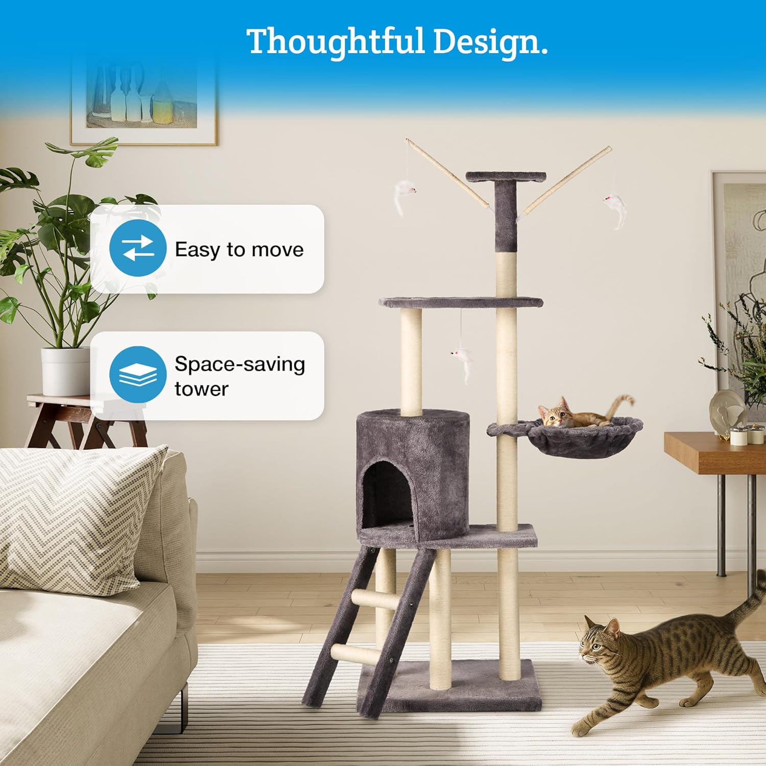 Cat Tree – 146Cm Play Cat Tower with Sisal Scratching Posts for Indoor Kittens, Multi Level House, Large Climbing Frame with House, Ladder and Hammock – Grey