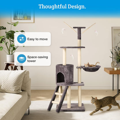 Cat Tree – 146Cm Play Cat Tower with Sisal Scratching Posts for Indoor Kittens, Multi Level House, Large Climbing Frame with House, Ladder and Hammock – Grey