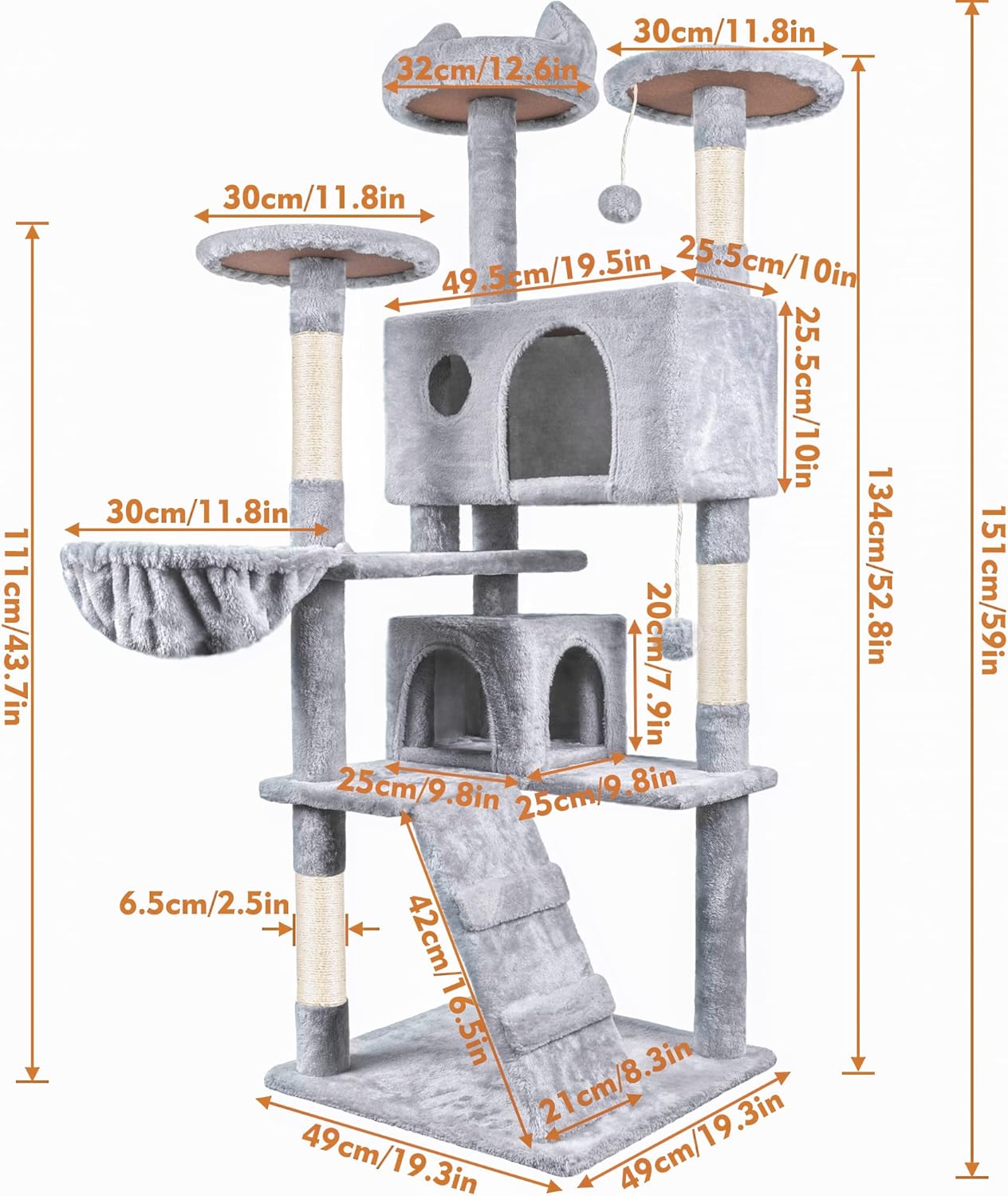 Cat Tree,151Cm Cat Tower for Indoor Kitty,Scratching Post Stable Activity Centre Climbing Tree with 2 Kitty Houses, Hammock, 4 Sisal Posts, Ladder, and Rest Place