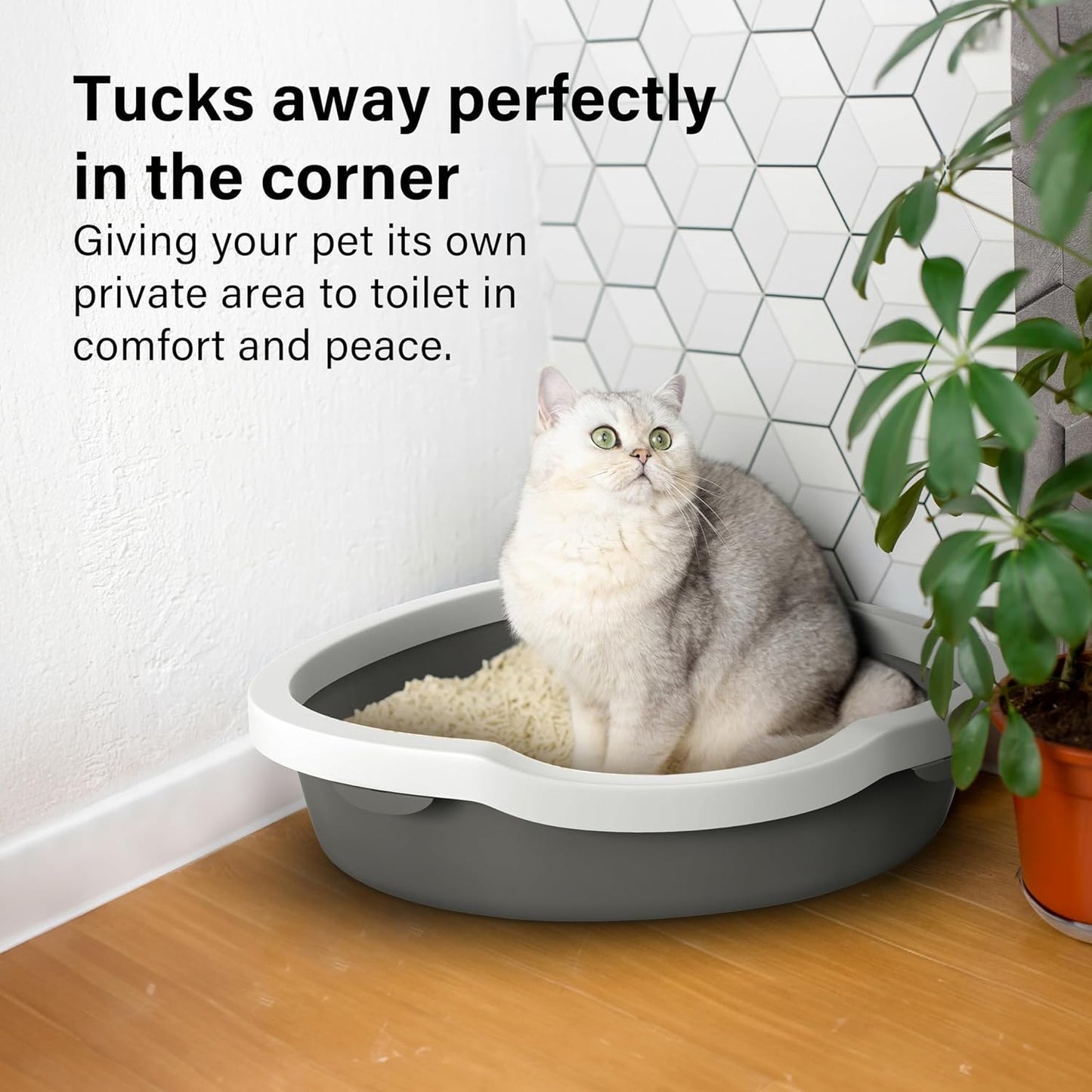 Corner Cat Litter Tray with Cleaning Scoop, High Sided Rounded Corners, Anti-Spillage & Mess-Free Cat Toilet (Dark Grey/White, 55X42.5X14)