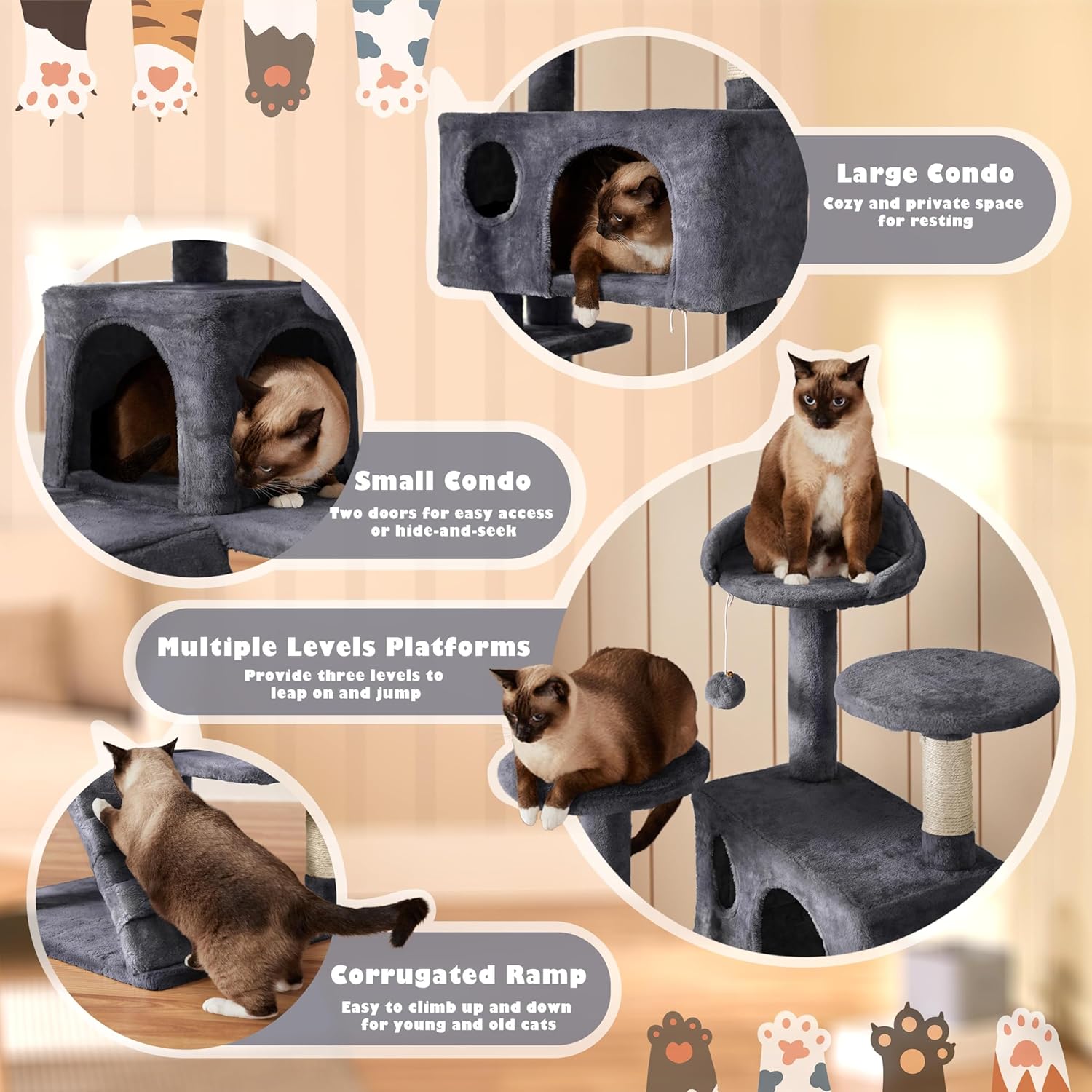 138.5Cm Cat Tree Tower Scratching Posts Multilevel Cat Climbing House with Condos & Ladder Pet Activity Centre for Indoor Kittens, Dark Grey