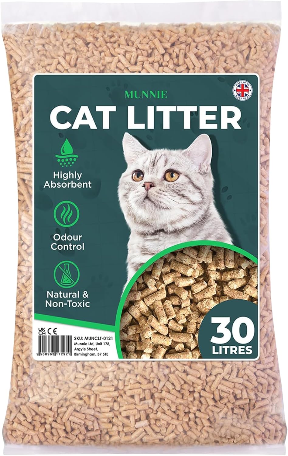 Munnie Cat Litter 30L – Biodegradable, Dust-Free, Unscented, Ultra-Absorbent Wood Pellets for Cats & Kittens, Natural Cat-Litter for Housetraining, Non-Clumping, Litter Granules, Pet-Safe