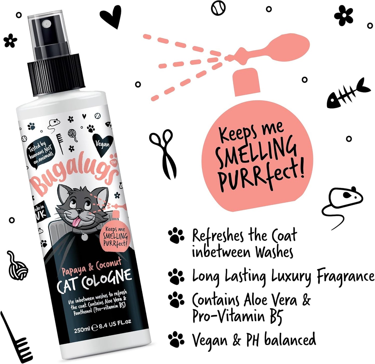 Bugalugs Cologne for Cats. Leave in Spray to Condition, Nourish and Hydrate Skin and Coat. Professional Cat Cleaning and Grooming Formula Use with Cat Shampoo (Cologne 250Ml)