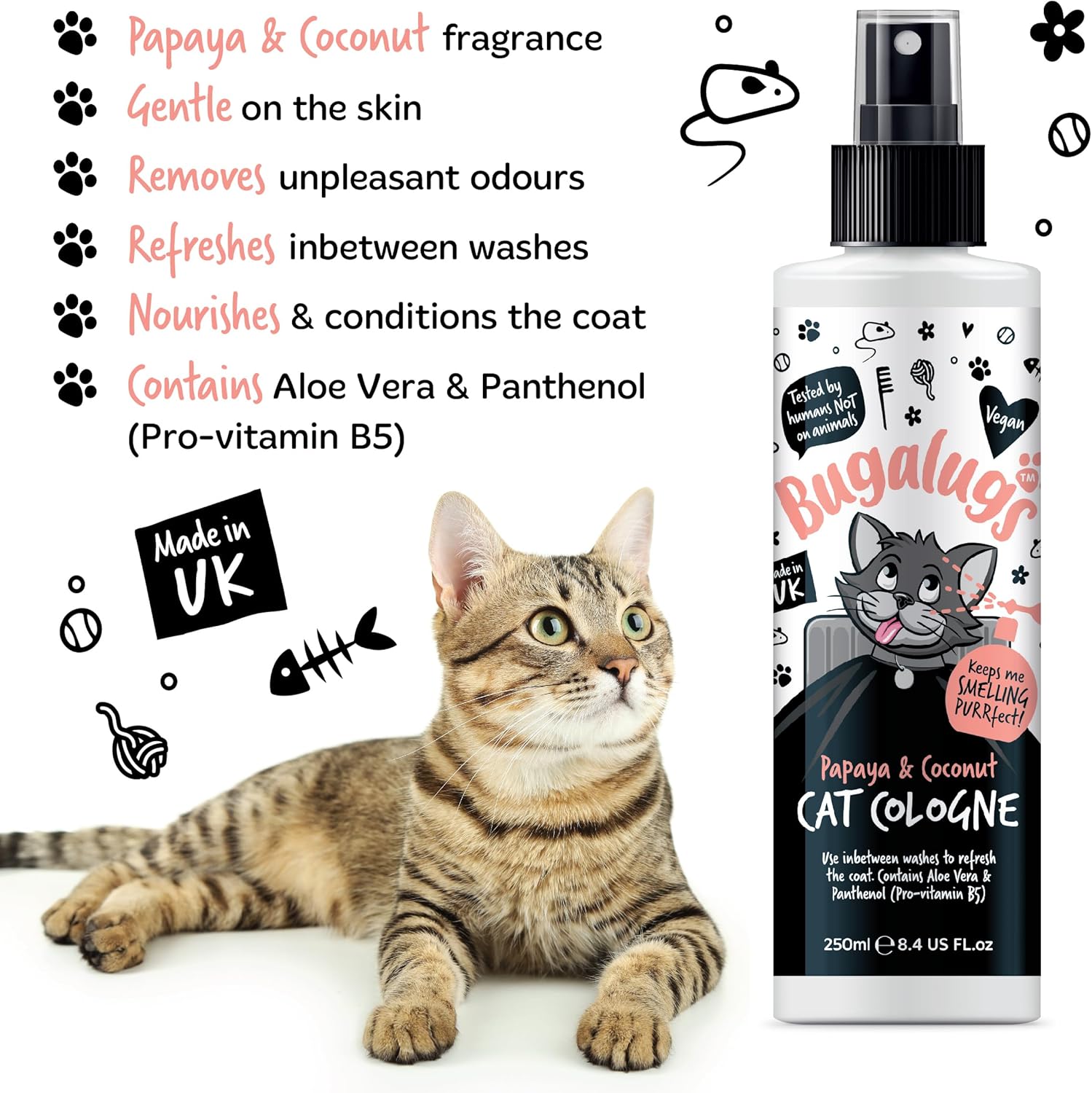 Bugalugs Cologne for Cats. Leave in Spray to Condition, Nourish and Hydrate Skin and Coat. Professional Cat Cleaning and Grooming Formula Use with Cat Shampoo (Cologne 250Ml)