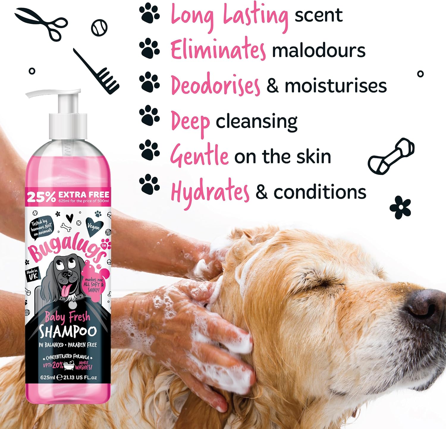 Bugalugs Baby Fresh Dog Shampoo Grooming Products for Smelly Dogs with Baby Powder Scent, Best Puppy Shampoo, Vegan Pet Shampoo Professional (625Ml)
