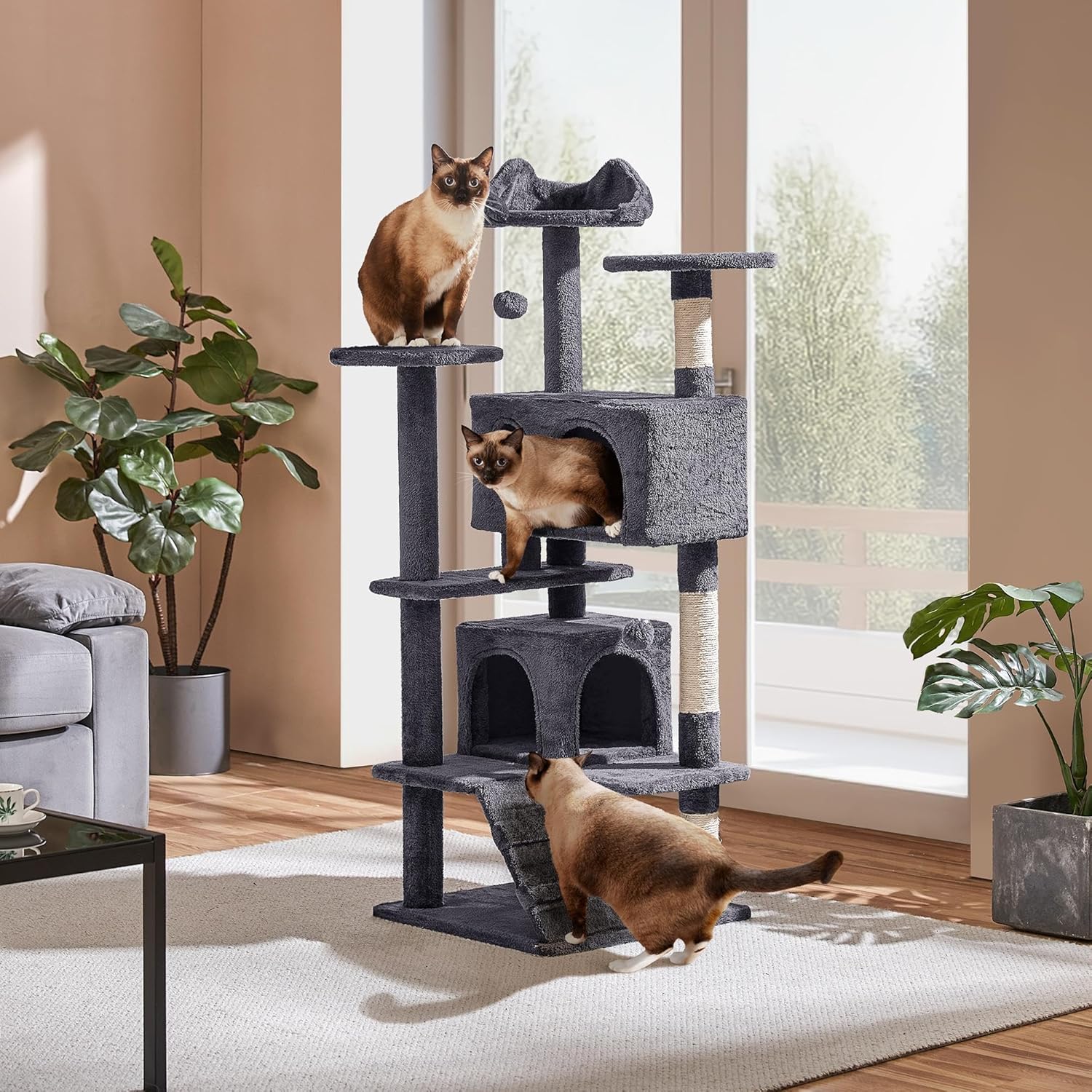 138.5Cm Cat Tree Tower Scratching Posts Multilevel Cat Climbing House with Condos & Ladder Pet Activity Centre for Indoor Kittens, Dark Grey