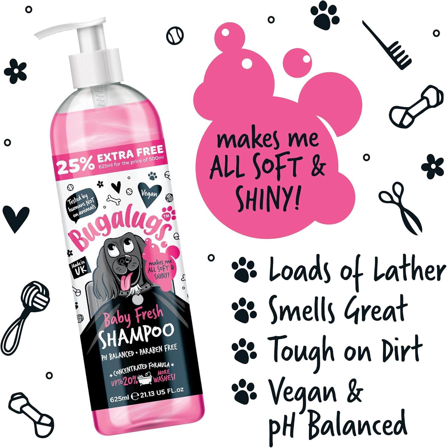 Bugalugs Baby Fresh Dog Shampoo Grooming Products for Smelly Dogs with Baby Powder Scent, Best Puppy Shampoo, Vegan Pet Shampoo Professional (625Ml)