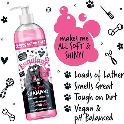 Bugalugs Baby Fresh Dog Shampoo Grooming Products for Smelly Dogs with Baby Powder Scent, Best Puppy Shampoo, Vegan Pet Shampoo Professional (625Ml)