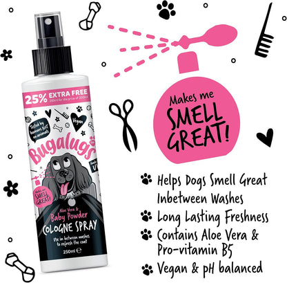 Bugalugs Dog Perfume Spray with Aloe Vera & Baby Powder Cologne Great Pet Odour Eliminator Deodorant Spray for Smelly Dogs Can Use as Dry Shampoo