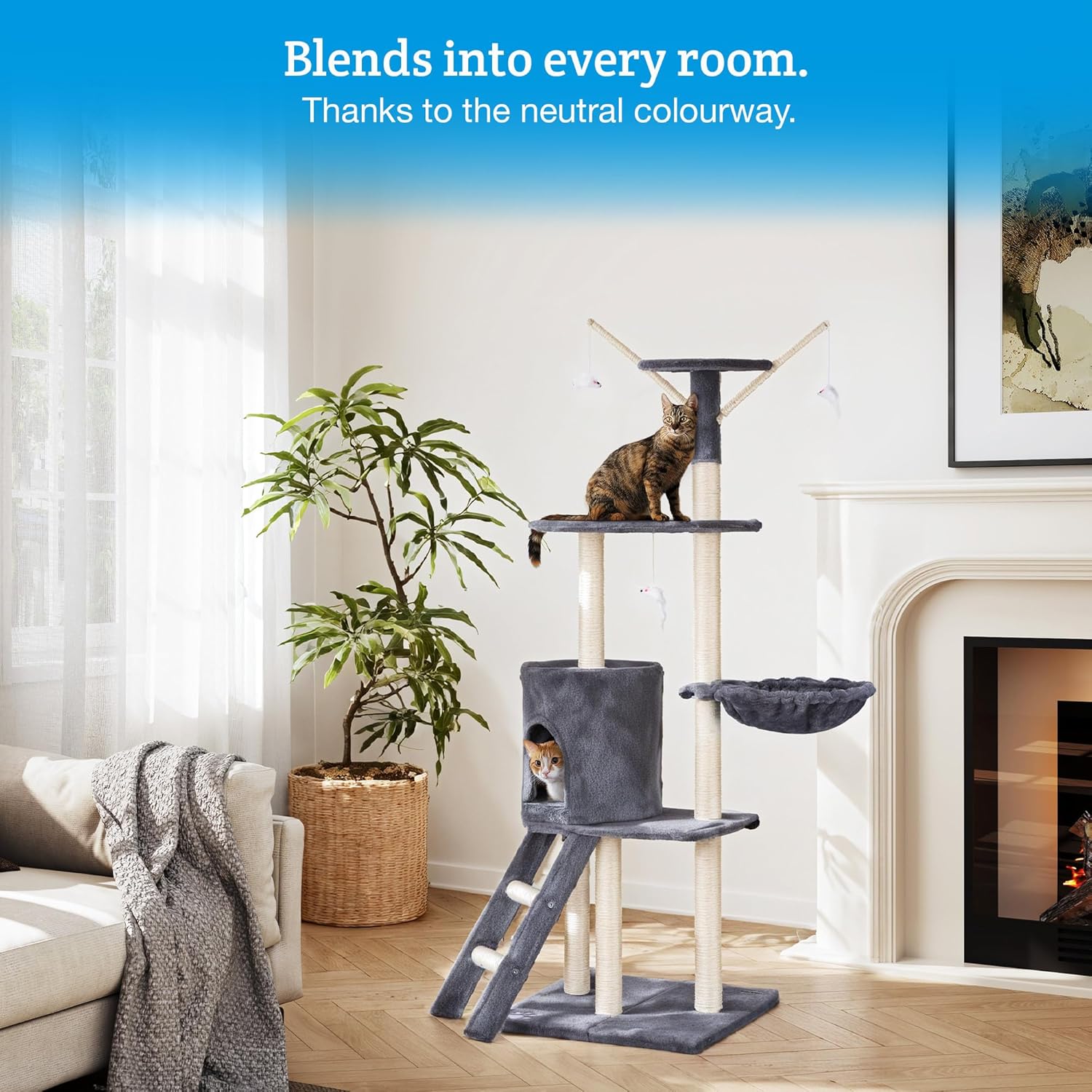 Cat Tree – 146Cm Play Cat Tower with Sisal Scratching Posts for Indoor Kittens, Multi Level House, Large Climbing Frame with House, Ladder and Hammock – Grey