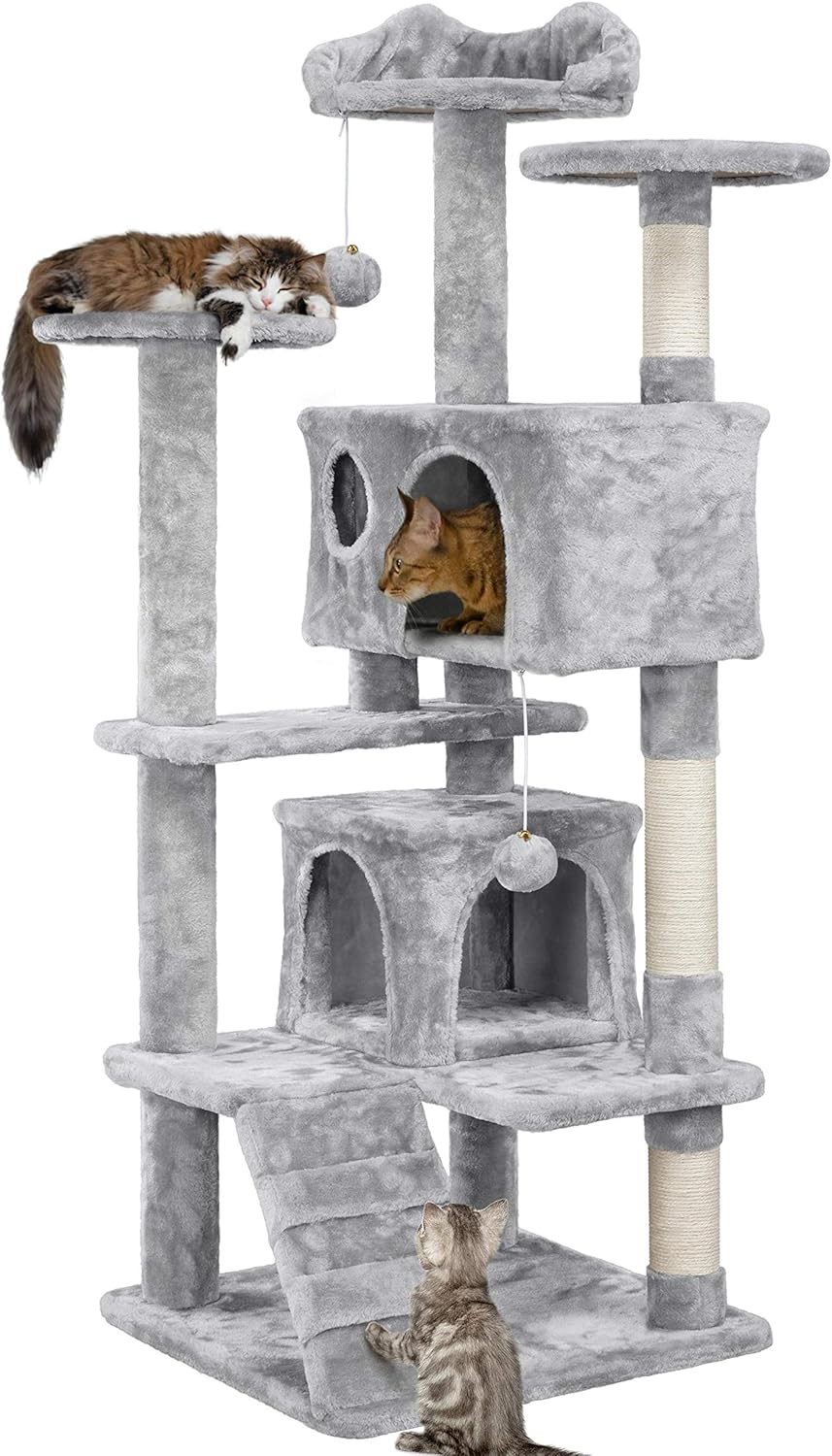 138.5Cm Cat Tree Tower Scratching Posts Multilevel Cat Climbing House with Condos & Ladder Pet Activity Centre for Indoor Kittens, Dark Grey