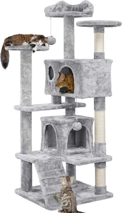 138.5Cm Cat Tree Tower Scratching Posts Multilevel Cat Climbing House with Condos & Ladder Pet Activity Centre for Indoor Kittens, Dark Grey