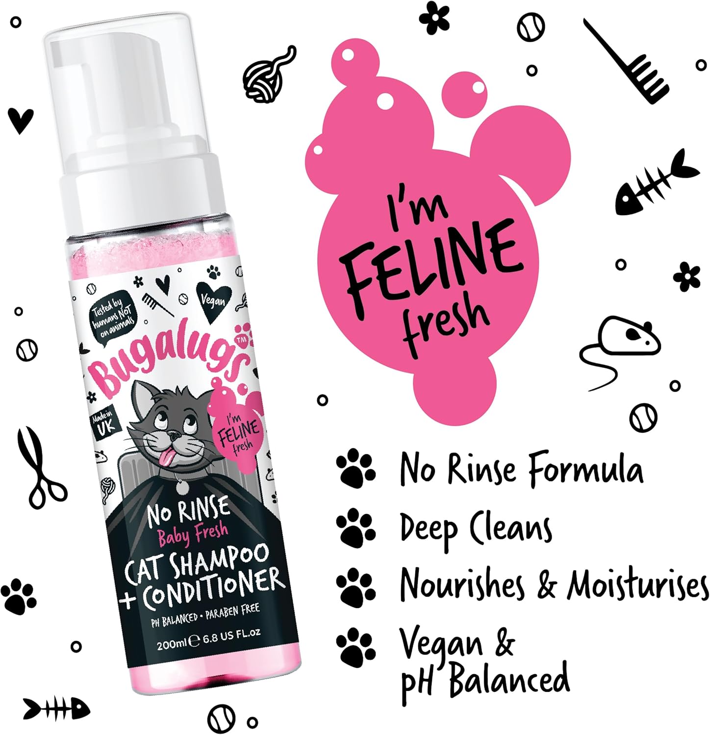 Bugalugs No Rinse Cat Shampoo & Conditioner with Baby Fresh Fragrance. Brush Through, for Cats and Kittens. Foam Action Grooming Dry Shampoo Kitten (200Ml No Rinse Shampoo)