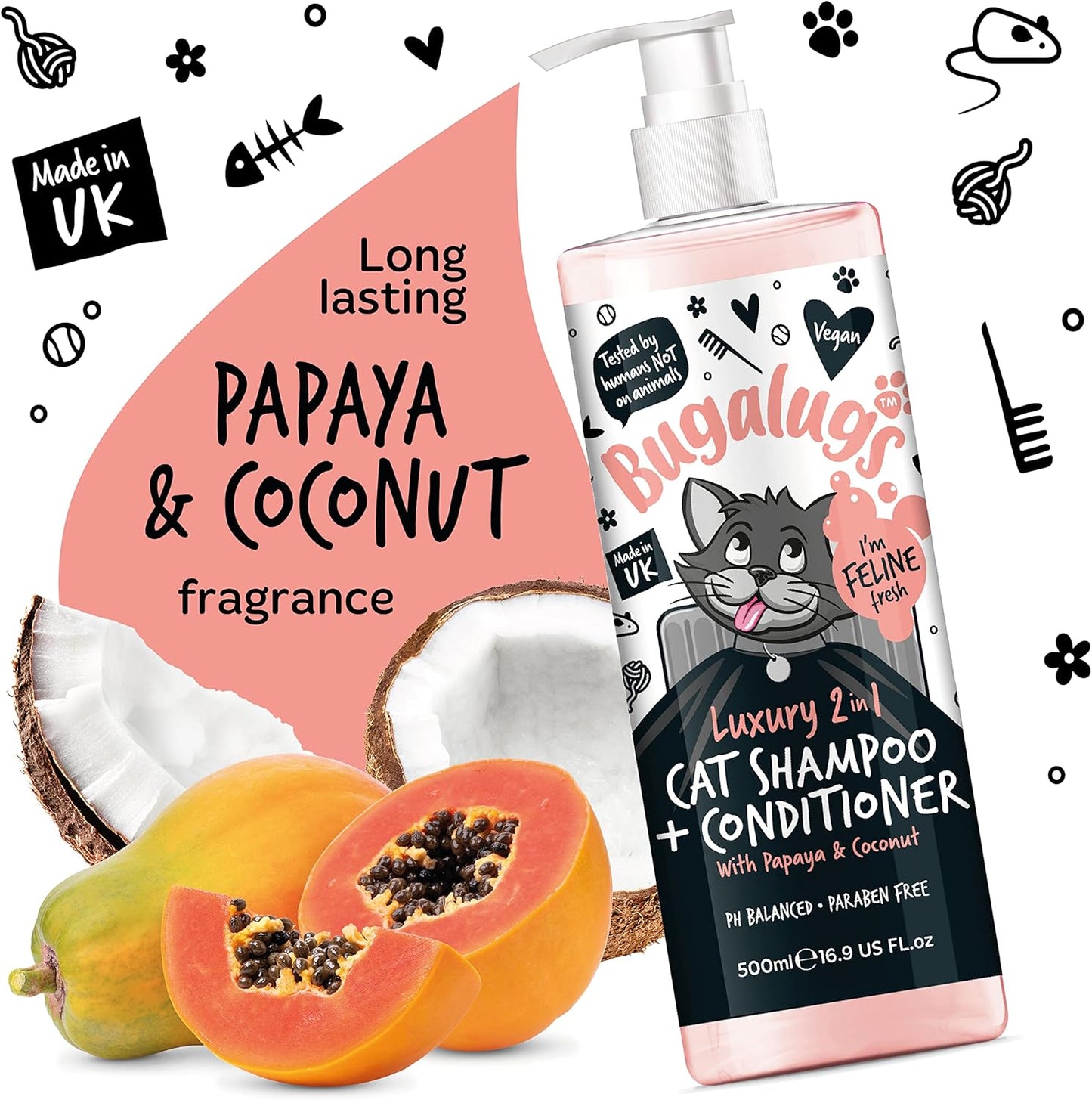 Bugalugs 2 in 1 Cat Shampoo & Conditioner. Cleansing, Nourishing and Conditioning for All Cat Hair. Papaya & Coconut Calming Scent. for All Cats and Kittens. Cat & Kitten Grooming (500Ml Shampoo)