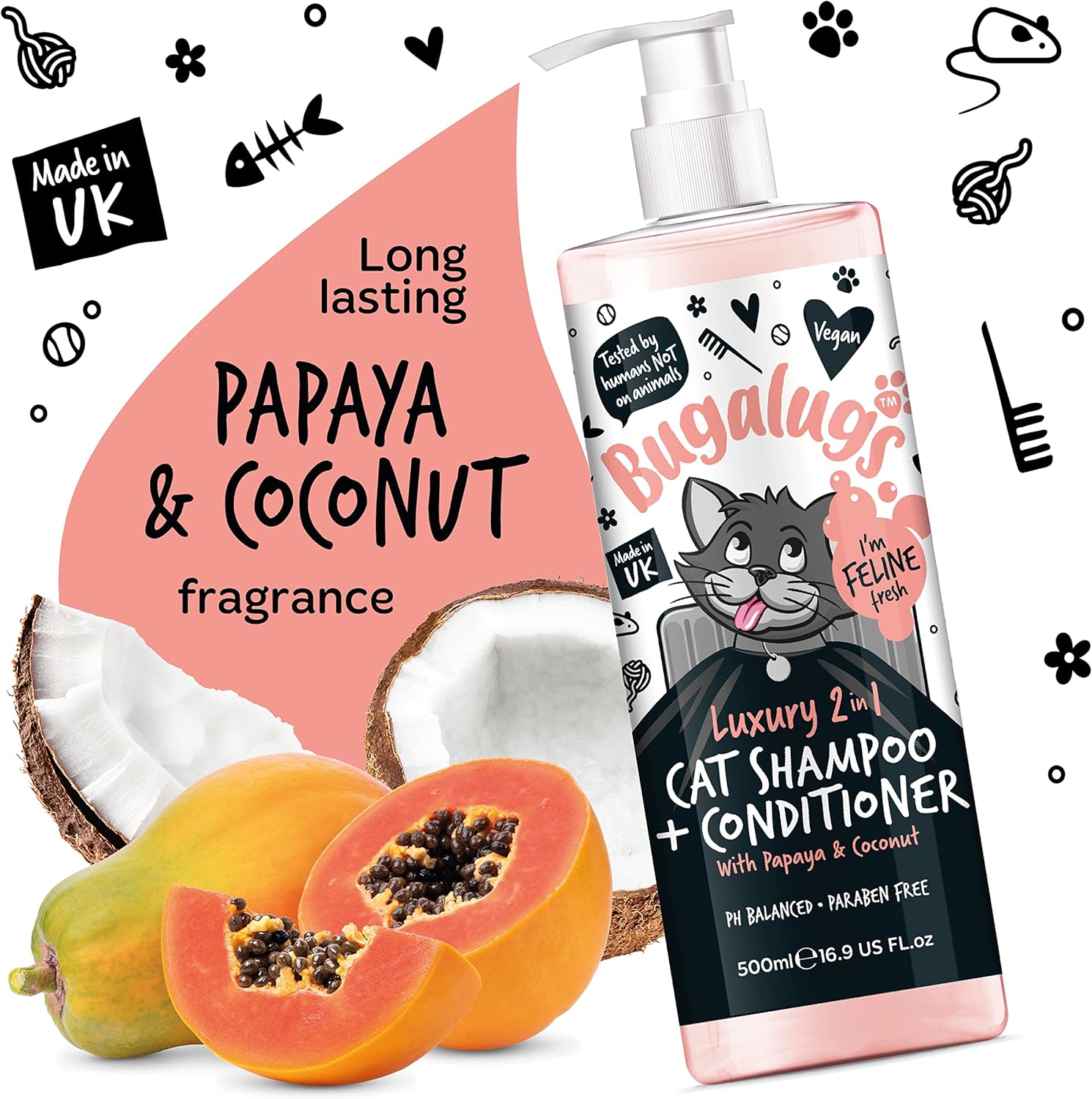 Bugalugs 2 in 1 Cat Shampoo & Conditioner. Cleansing, Nourishing and Conditioning for All Cat Hair. Papaya & Coconut Calming Scent. for All Cats and Kittens. Cat & Kitten Grooming (500Ml Shampoo)