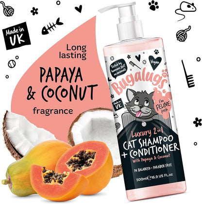 Bugalugs 2 in 1 Cat Shampoo & Conditioner. Cleansing, Nourishing and Conditioning for All Cat Hair. Papaya & Coconut Calming Scent. for All Cats and Kittens. Cat & Kitten Grooming (500Ml Shampoo)