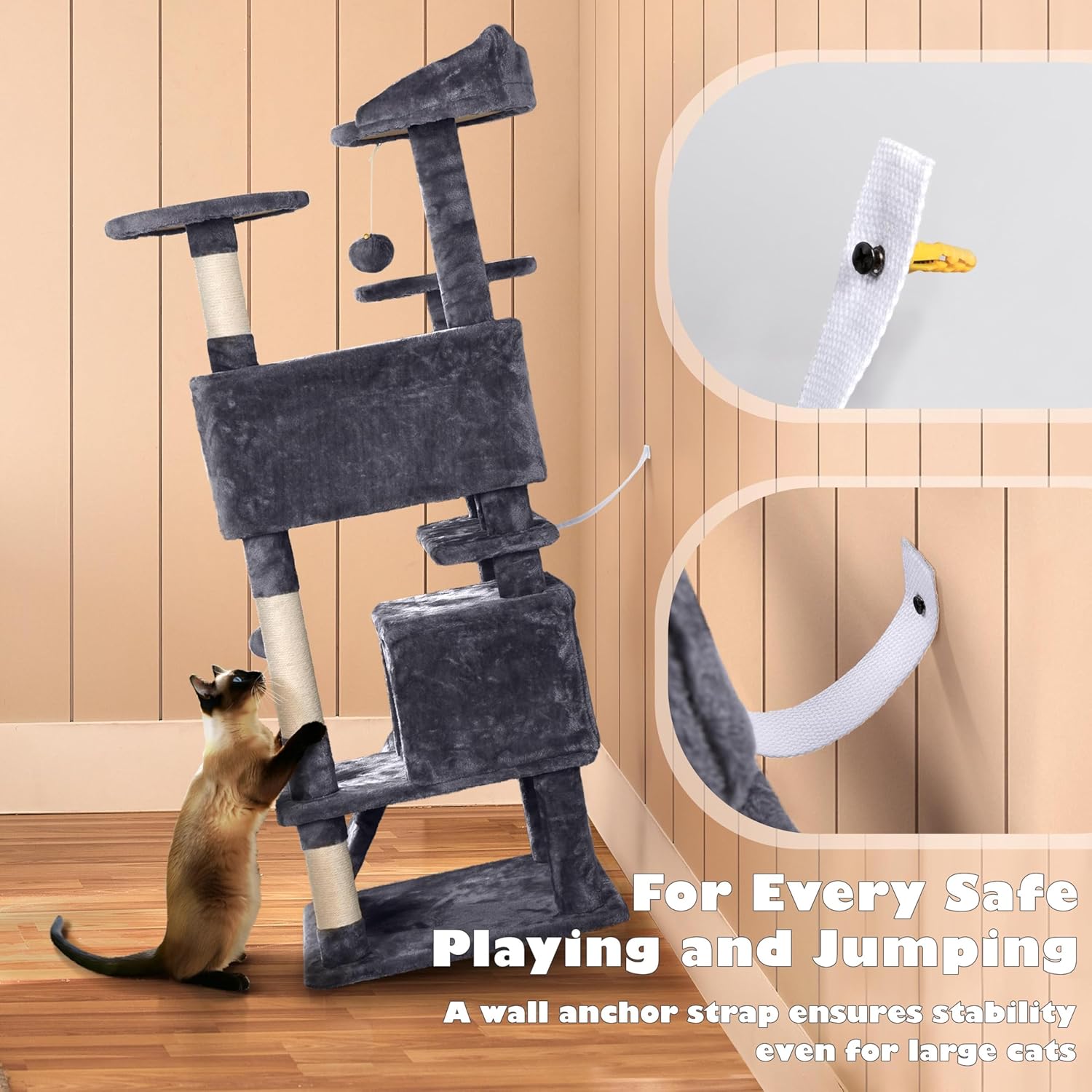 138.5Cm Cat Tree Tower Scratching Posts Multilevel Cat Climbing House with Condos & Ladder Pet Activity Centre for Indoor Kittens, Dark Grey