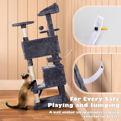 138.5Cm Cat Tree Tower Scratching Posts Multilevel Cat Climbing House with Condos & Ladder Pet Activity Centre for Indoor Kittens, Dark Grey