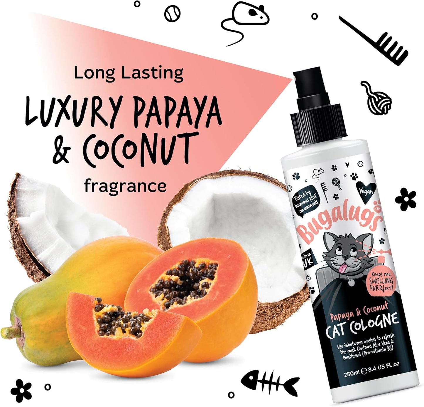 Bugalugs Cologne for Cats. Leave in Spray to Condition, Nourish and Hydrate Skin and Coat. Professional Cat Cleaning and Grooming Formula Use with Cat Shampoo (Cologne 250Ml)