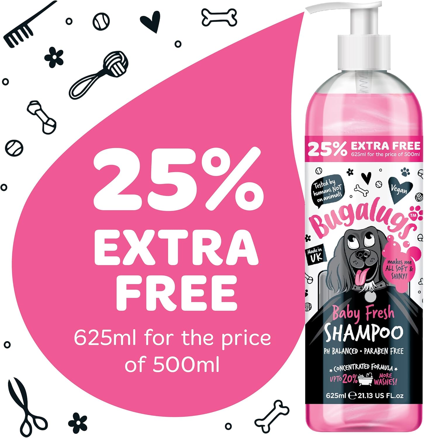 Bugalugs Baby Fresh Dog Shampoo Grooming Products for Smelly Dogs with Baby Powder Scent, Best Puppy Shampoo, Vegan Pet Shampoo Professional (625Ml)