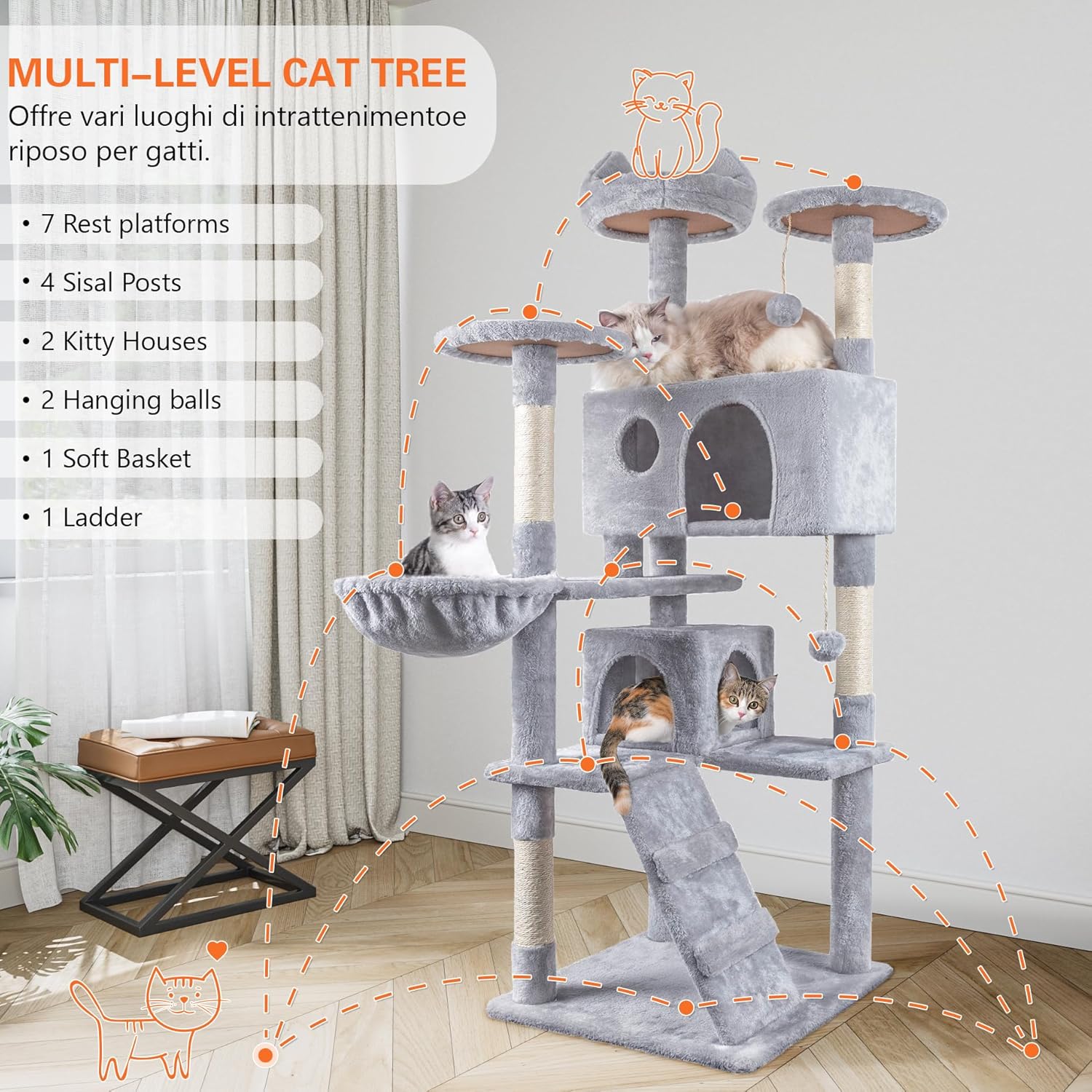 Cat Tree,151Cm Cat Tower for Indoor Kitty,Scratching Post Stable Activity Centre Climbing Tree with 2 Kitty Houses, Hammock, 4 Sisal Posts, Ladder, and Rest Place