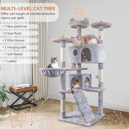 Cat Tree,151Cm Cat Tower for Indoor Kitty,Scratching Post Stable Activity Centre Climbing Tree with 2 Kitty Houses, Hammock, 4 Sisal Posts, Ladder, and Rest Place