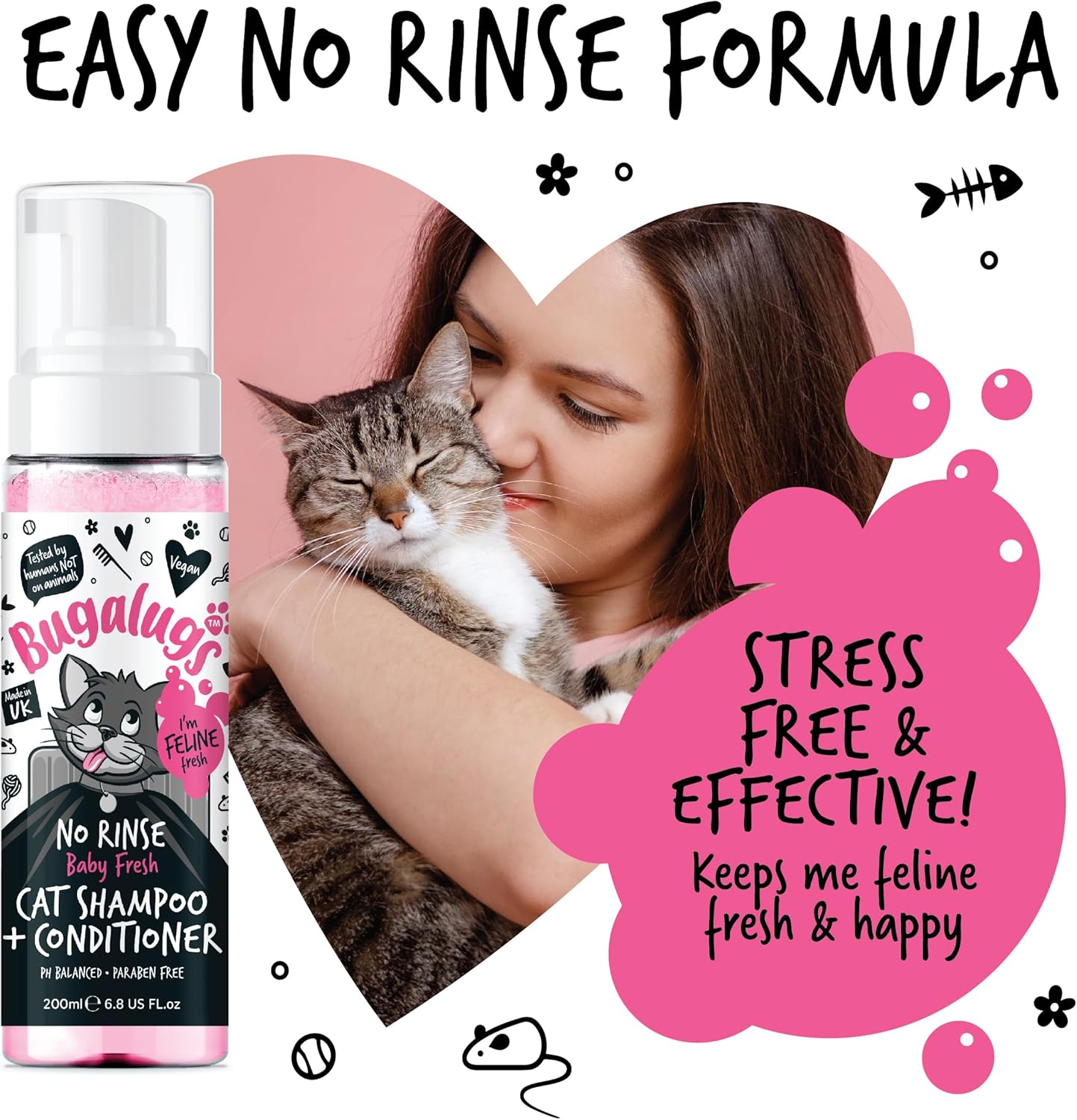 Bugalugs No Rinse Cat Shampoo & Conditioner with Baby Fresh Fragrance. Brush Through, for Cats and Kittens. Foam Action Grooming Dry Shampoo Kitten (200Ml No Rinse Shampoo)