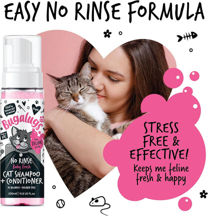 Bugalugs No Rinse Cat Shampoo & Conditioner with Baby Fresh Fragrance. Brush Through, for Cats and Kittens. Foam Action Grooming Dry Shampoo Kitten (200Ml No Rinse Shampoo)