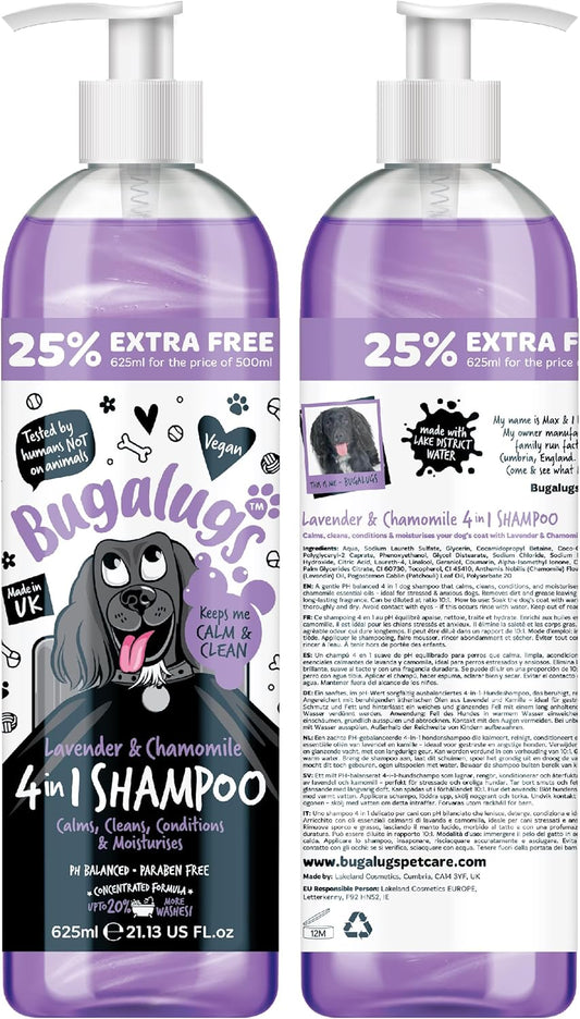 Bugalugs Dog Shampoo by  Lavender & Chamomile 4 in 1 Dog Grooming Shampoo Products for Smelly Dogs, Best Puppy Shampoo, Professional Groom Vegan Pet Shampoo & Conditioner (625Ml)