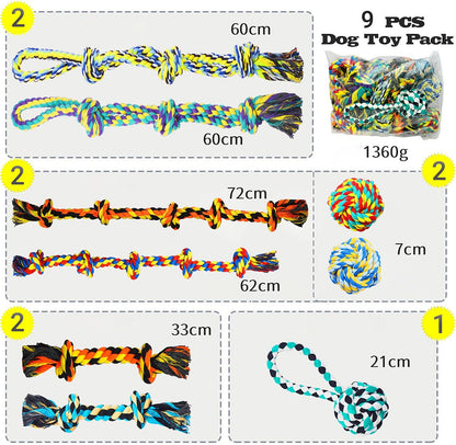 9 Pack Large Dog Rope Toys for Aggressive Chewers, 5 Knots Indestructible Chew Toy Kit for Medium Large Dogs, Puppy Teething Tug Toy, Colourful Cotton Dog Rope Toys
