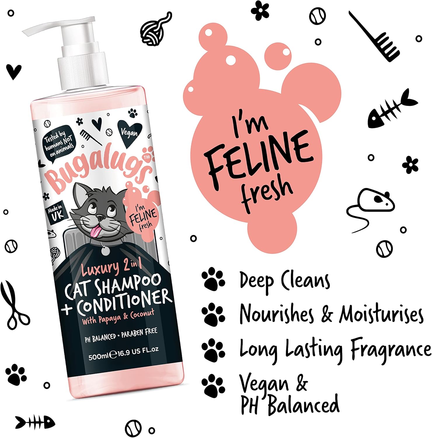 Bugalugs 2 in 1 Cat Shampoo & Conditioner. Cleansing, Nourishing and Conditioning for All Cat Hair. Papaya & Coconut Calming Scent. for All Cats and Kittens. Cat & Kitten Grooming (500Ml Shampoo)