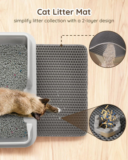 High Sided Stainless Steel Litter Box - Metal Cat Litter Tray with Splash-Proof Lid, Easy Cleaning & Odor-Less Kitten Litter Tray with Double Layer Litter Mat, Litter Scoop, Brush, 50X35X20Cm
