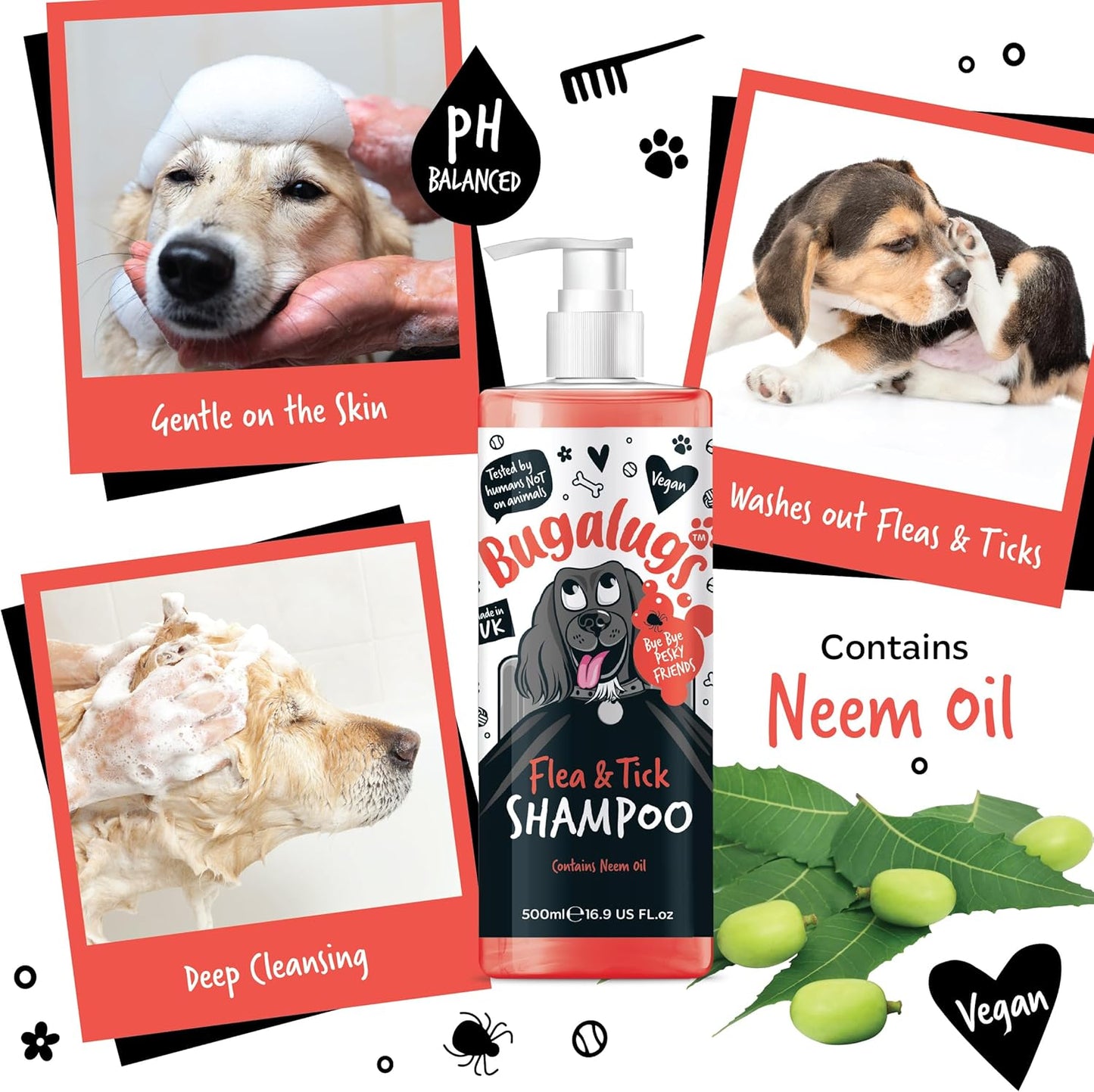 Flea and Tick Dog Shampoo by , Works on Smelly Puppies & Dogs, Contains Neem Oil PH Balanced Vegan Used by Professional Groom (Shampoo 500Ml)