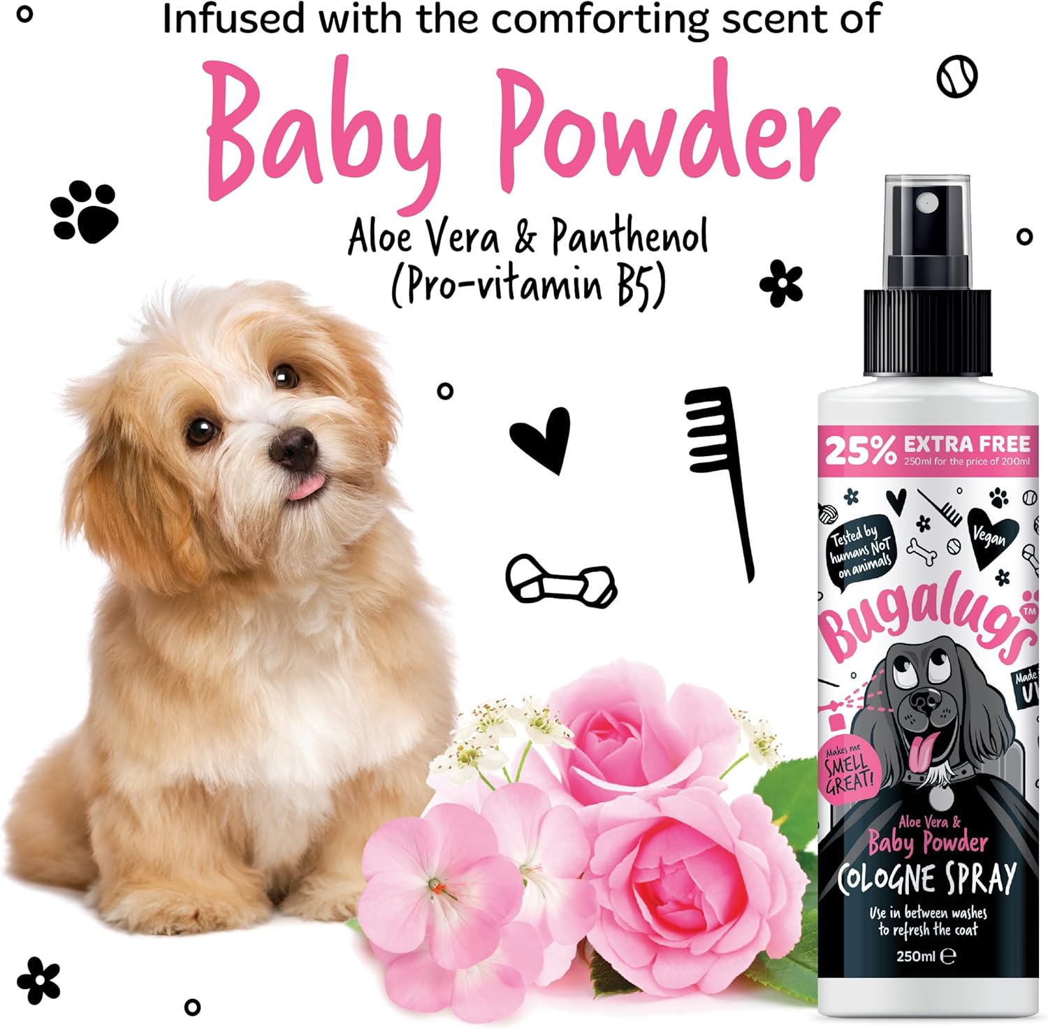 Bugalugs Dog Perfume Spray with Aloe Vera & Baby Powder Cologne Great Pet Odour Eliminator Deodorant Spray for Smelly Dogs Can Use as Dry Shampoo